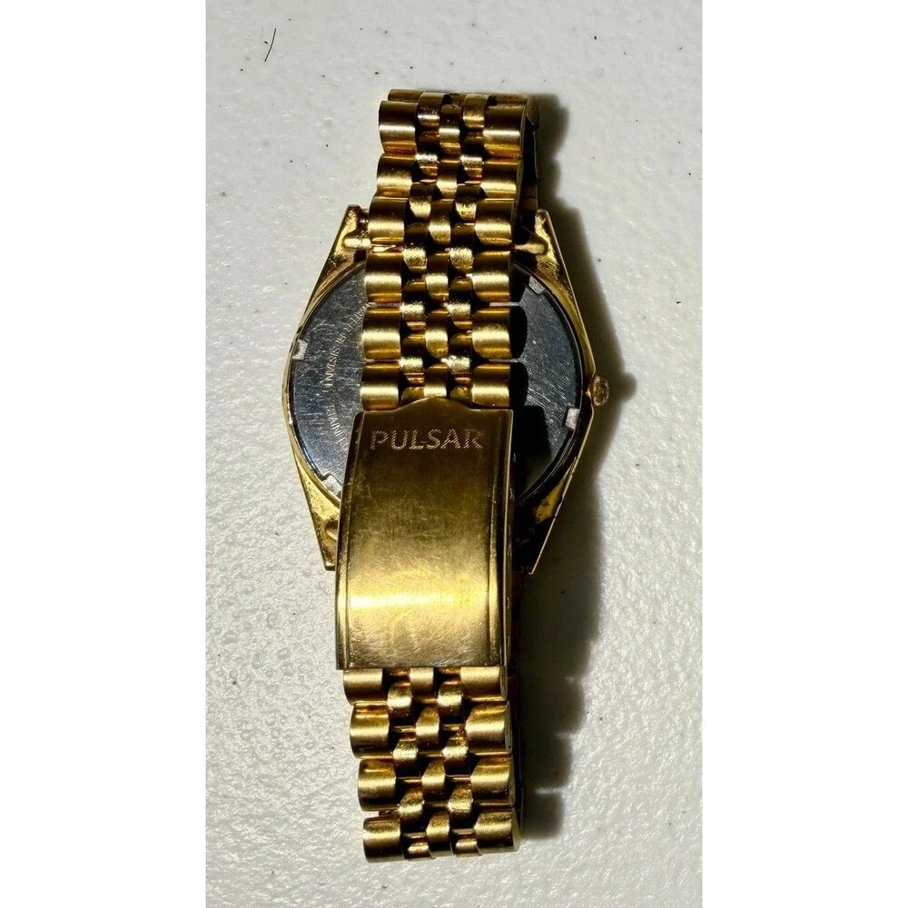 Vintage Pulsar President Mens Watch 35mm Day Gold Tone V744-0A20 New Battery 7